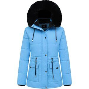 Women's Denim Blue Detachable Hood Puffer Jacket Coat Fleece Lined Faux Fur